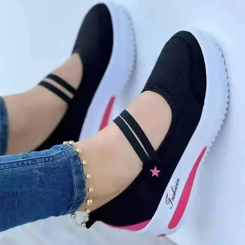 Women's Casual Mesh Breathable Wedge Sneakers Fashion Star Decoration Platform Walking Shoes Slip-On Round Toe Mesh Single Shoes