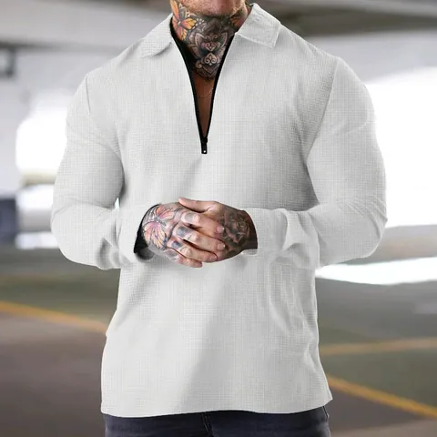 Men Heavyweight Waffle Knit Long Sleeve Polo Shirt Casual Quarter-Zip Lapel Pullover Top Solid Color Autumn Fashion Breathable T-Shirt