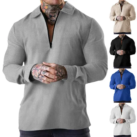 Men Heavyweight Waffle Knit Long Sleeve Polo Shirt Casual Quarter-Zip Lapel Pullover Top Solid Color Autumn Fashion Breathable T-Shirt