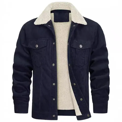 Men Corduroy Sherpa Lined Jacket Winter Warm Fleece Collar Loose Casual Button Up Work Coat With Chest Pockets Outerwear