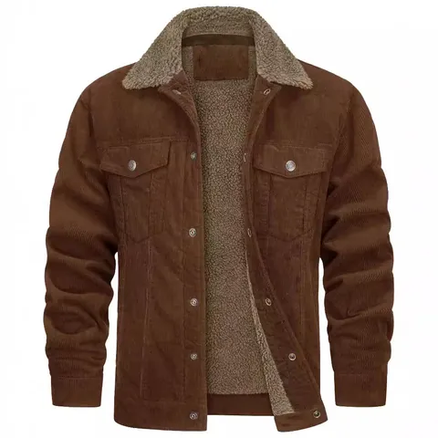 Men Retro Corduroy Jacket With Sherpa Lined Fleece Collar Loose Fit Warm Casual Winter Outwear Long Sleeve Button Down Jacket