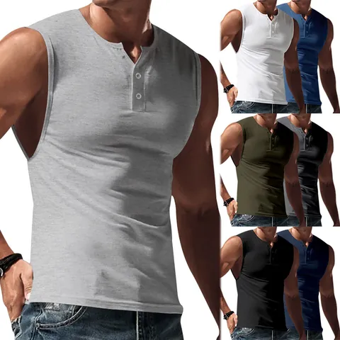 Men's Slim Fit Henley Tank Top Sleeveless Sporty Casual Vest Polyester Button Neck Muscle Workout Undershirt