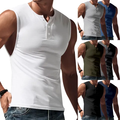 Men's Slim Fit Henley Tank Top Sleeveless Sporty Casual Vest Polyester Button Neck Muscle Workout Undershirt