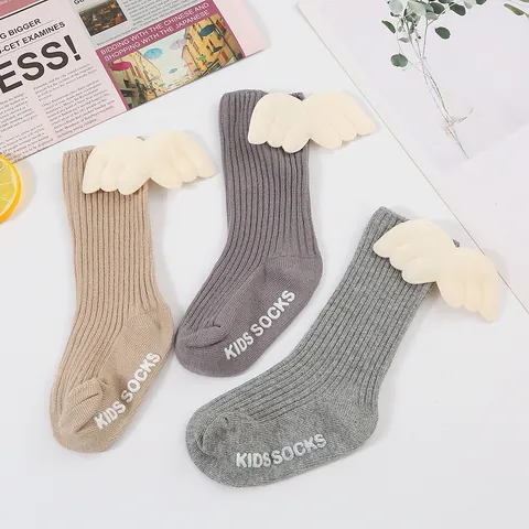 INS Baby Toddler Non-slip Floor Socks With 3D Angel Wings Ribbed Striped Knit Mid-Tube Socks For Infant Girls Boys Walking Support