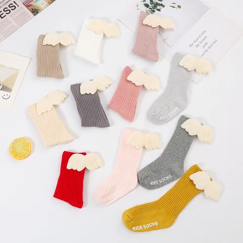 INS Baby Toddler Non-slip Floor Socks With 3D Angel Wings Ribbed Striped Knit Mid-Tube Socks For Infant Girls Boys Walking Support