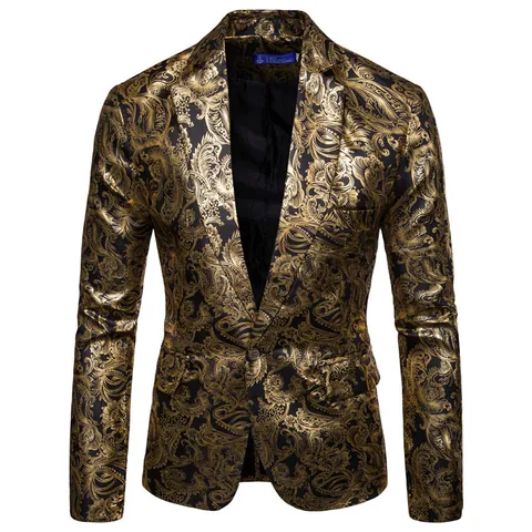 Heren Luxe Glanzende Goudstempelen Blazer Paisley Bloemen Pak Jas Top Voor Bruiloft Feest Podium Prestaties Tuxedo Jurk