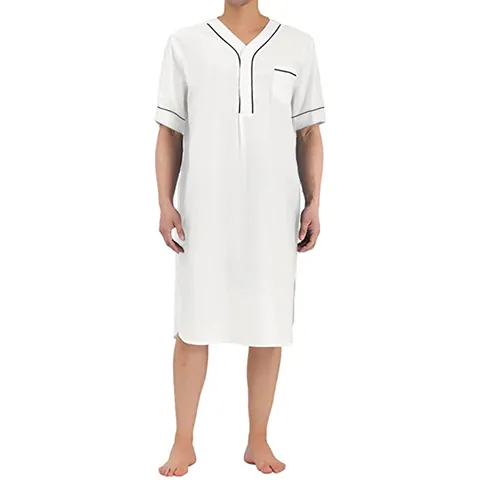 Men Traditional Style Short Sleeve Nightgown V-Neck Loose Solid Color Polyester Robe With Pocket Contrast Piping Loungewear