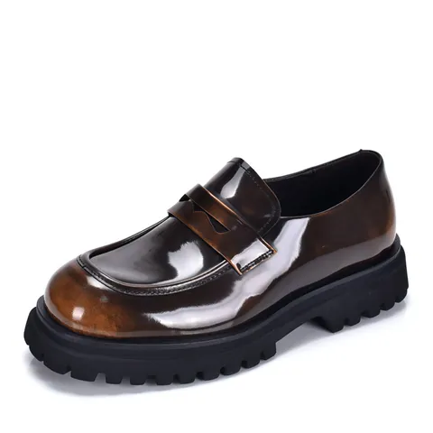 Men's First Layer Cowhide Platform Loafers Casual Glossy Leather Slip-On Shoes Comfortable Breathable Soft Sole Business Trendy