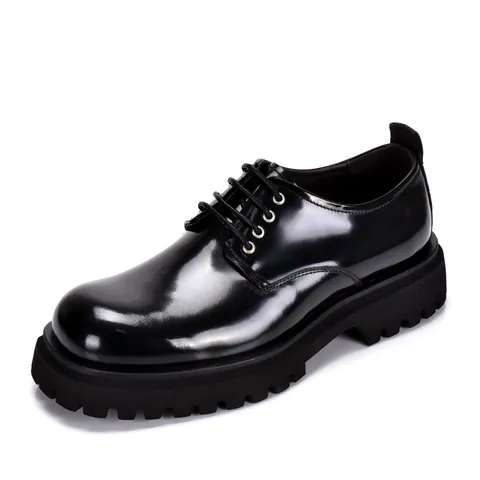 Men's Top Layer Cowhide Leather Derby Shoes British Style Round Toe Platform Height Increasing Casual Formal Oxfords Shoes