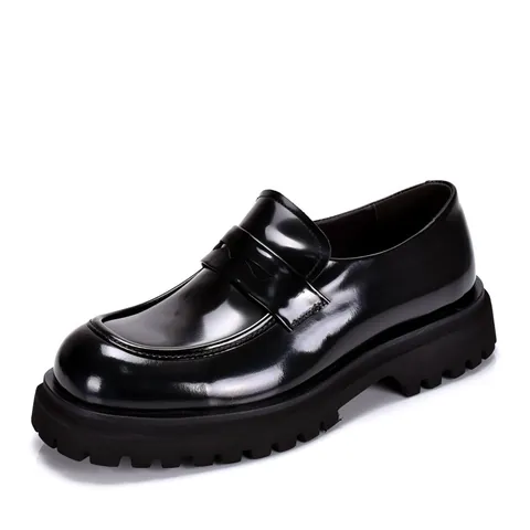 Men's First Layer Cowhide Platform Loafers Casual Glossy Leather Slip-On Shoes Comfortable Breathable Soft Sole Business Trendy