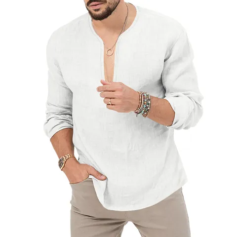 Men Cotton Linen Henley Shirt Solid Color Deep V-Neck Slim Fit Long Sleeve T-Shirt Casual Tropical Beach Vacation Top