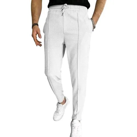 Men Waffle Knit Casual Pants Drawstring Sports Sweatpants Breathable Straight Leg Bottom Urban Fashion Summer Trousers