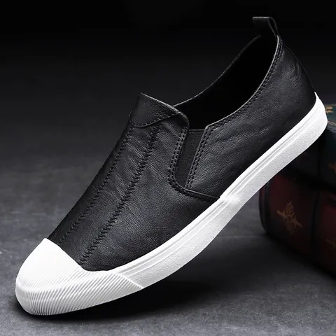 Men's Casual Loafers Fashion Slip On Business Shoes Synthetic Leather Lychee Pattern White Sole British Style Comfortable Sneakers