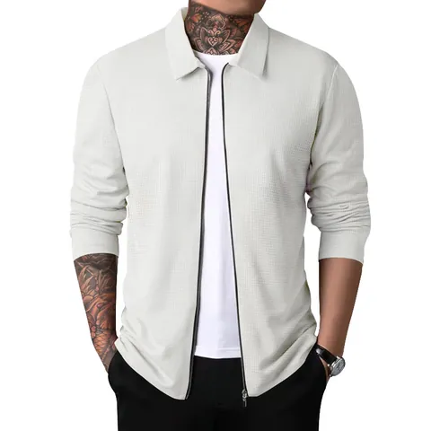 Men's Waffle Knit Jacket Zip-Up Cardigan Polyester Long Sleeve Lapel Collar Casual Lightweight Fall Coat For Men