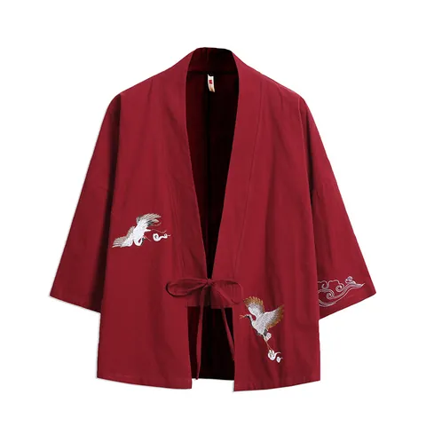 Men Traditional Chinese Style Crane Embroidery Linen Kimono Cardigan Top Vintage Hanfu Haori Loose Open Front Shirt