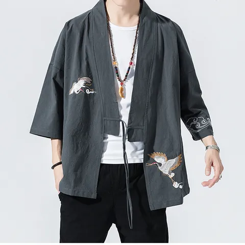 Men Traditional Chinese Style Crane Embroidery Linen Kimono Cardigan Top Vintage Hanfu Haori Loose Open Front Shirt