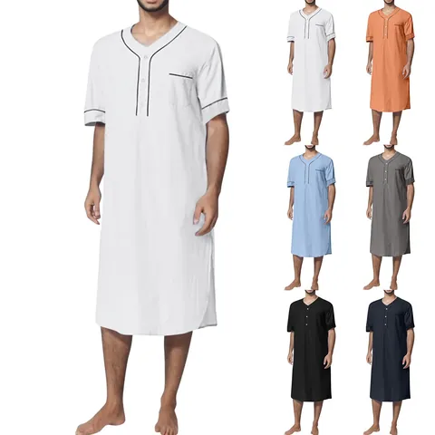 Men Traditional Style Short Sleeve Nightgown V-Neck Loose Solid Color Polyester Robe With Pocket Contrast Piping Loungewear