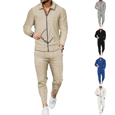 Men Waffle Knit Tracksuit Slim Fit Full Zip Jacket And Jogger Pants Top And Bottom Spring Autumn Casual Sportswear