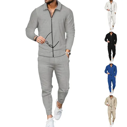 Men Waffle Knit Tracksuit Slim Fit Full Zip Jacket And Jogger Pants Top And Bottom Spring Autumn Casual Sportswear