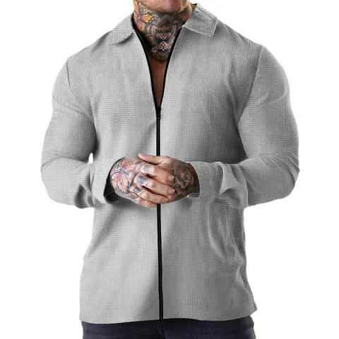 Men Casual Waffle Knit Jacket Solid Color Long Sleeve Zipper Lapel Cardigan Outwear Slim Fit Autumn Fashion Top Jacket For Men