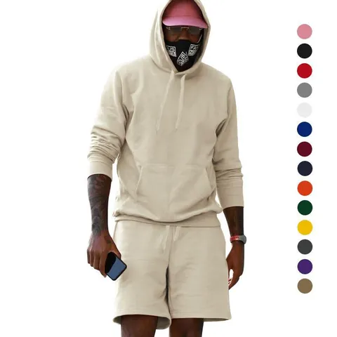 Men Fleece Lined Hooded Sweatshirt And Shorts Set Solid Color Casual Sporty Tracksuit Top And Bottom Outfit