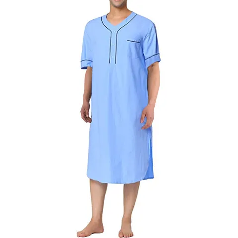 Accappatoio da Uomo Abbigliamento da Casa Medio Lungo Scollo a V Manica Corta Cotone Comodo Pigiama Con Tasca Bordo a Contrasto Casa