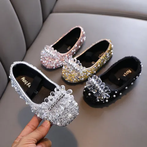 Girls Princess Rhinestone Shoes Sparkly Crystal Flower Artificial Pearl Decor Dance Performance Mary Jane Dress Shoes For Kids