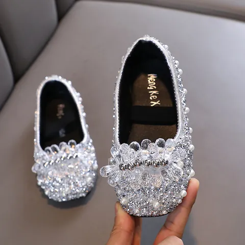 Girls Princess Rhinestone Shoes Sparkly Crystal Flower Artificial Pearl Decor Dance Performance Mary Jane Dress Shoes For Kids