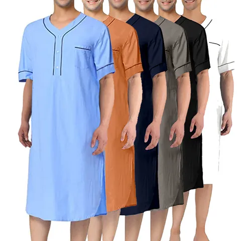 Men's Summer Short Sleeve Nightgown V-Neck Solid Color Loose Pajama Robe With Chest Pocket Polyester Loungewear Middle Length Thobe