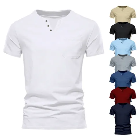 Men's Summer Casual Slim Fit Henley T-Shirt With Pocket Short Sleeve Sporty V-Neck Solid Color Breathable Polyester Top