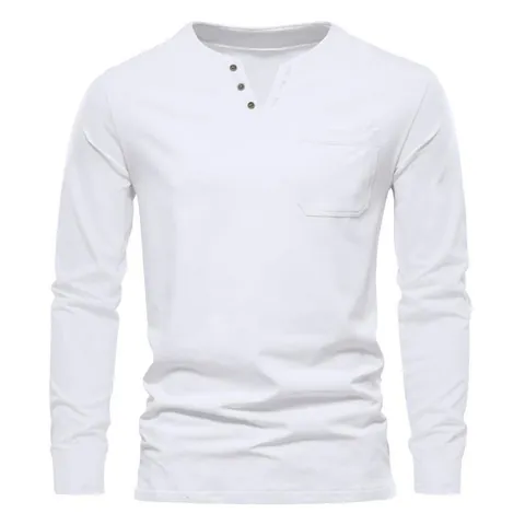 Camiseta de Manga Larga con Cuello Henley para Hombre Slim Fit Cuello en V Mezcla de Algodón Top Con Bolsillo y Botones Camiseta de Moda Urbana Casual