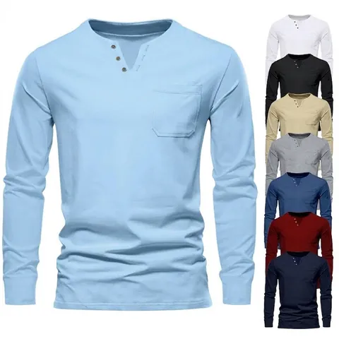 Camiseta de Manga Larga con Cuello Henley para Hombre Slim Fit Cuello en V Mezcla de Algodón Top Con Bolsillo y Botones Camiseta de Moda Urbana Casual