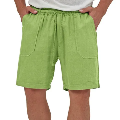Men Casual Summer Cotton Linen Shorts Drawstring Elastic Waist Loose Sport Shorts Solid Color Multi Pockets Bottoms Men Summer Clothing