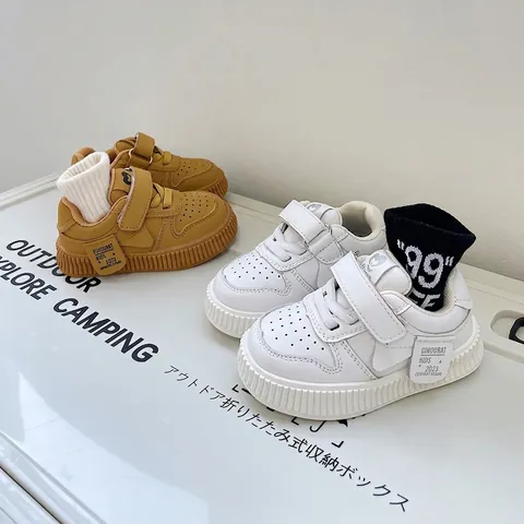 Toddler Baby White Shoes Soft Sole Breathable Casual Sneakers For Boys Girls Non-slip Hook And Loop Walking Board Shoes