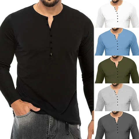 Men Henley V-Neck Long Sleeve T-Shirt Slim Fit Solid Color Button Detail Polyester Top Lightweight Casual Undershirt For Men