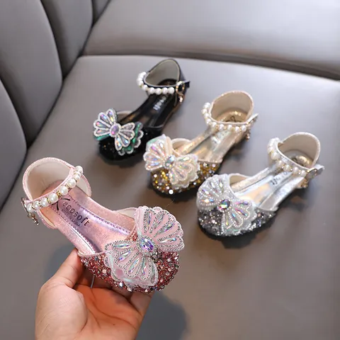 Girls Princess Sandals Rhinestone Butterfly Glitter Sequin Artificial Pearl Strap Performance Dance Shoes Kids Wedding Party