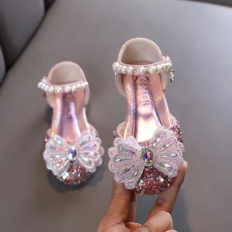 Girls Princess Sandals Rhinestone Butterfly Glitter Sequin Artificial Pearl Strap Performance Dance Shoes Kids Wedding Party