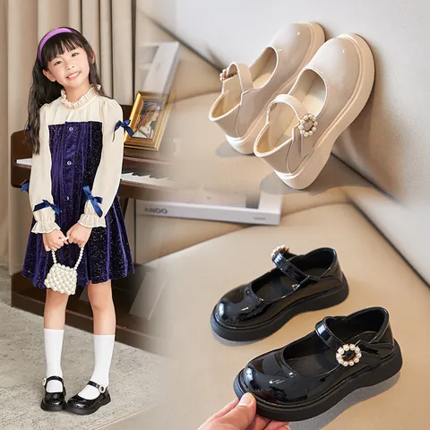 Girls Sweet Mary Jane Shoes Patent Leather Pearl Buckle Soft Sole School Uniform Dress Shoes For Kids Toddlers