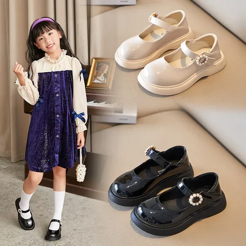 Girls Sweet Mary Jane Shoes Patent Leather Pearl Buckle Soft Sole School Uniform Dress Shoes For Kids Toddlers