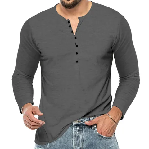 Men Henley V-Neck Long Sleeve T-Shirt Slim Fit Solid Color Button Detail Polyester Top Lightweight Casual Undershirt For Men