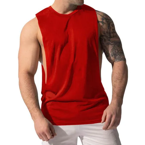 Men Sport Tank Top Polyester Open Side Slit Sleeveless Wide Shoulder Muscle Shirt Gym Fitness Workout Casual Loose Top