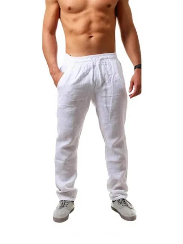 Men Linen Casual Pants Drawstring Elastic Waist Straight Leg Breathable Summer Solid Color Fashion Trousers Male Bottoms