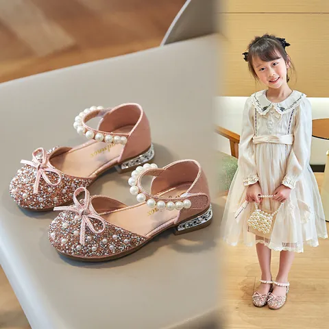 Girls Princess Shoes Shiny Rhinestone Bowknot Artificial Pearl Strap Kids Party Wedding Performance Flat Closed Toe Shoes