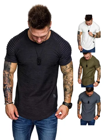 Men's Casual Cotton Blend Pleated T-Shirt Slim Fit Raglan Sleeve Crew Neck Short Sleeve Top Breathable Base Shirt