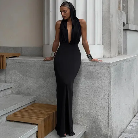 Women's Sexy Backless Hooded Maxi Dress Deep V-Neck Sleeveless Slim Fit Solid Color Summer Streetwear Long Dress