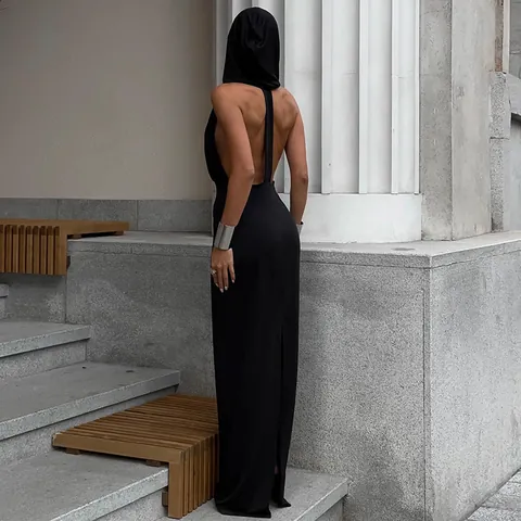 Women's Sexy Backless Hooded Maxi Dress Deep V-Neck Sleeveless Slim Fit Solid Color Summer Streetwear Long Dress