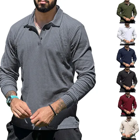Polo a Maniche Lungue da Uomo Vestibilità Aderente Trama a Costine Misto Cotone Poliestere Bottone a Revers Casual Tinta Unita