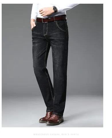 Men's Basic Straight Leg Jeans Business Casual Stretch Denim Pants Plus Size Washed Cotton Blend Trousers For Spring Autumn