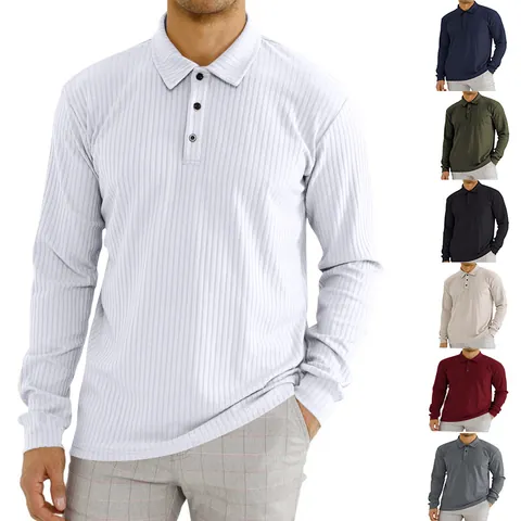 Men's Ribbed Long Sleeve Polo Shirt Loose Fit Knitted Cotton Blend Casual Lapel Top Autumn Urban Fashion Solid Color