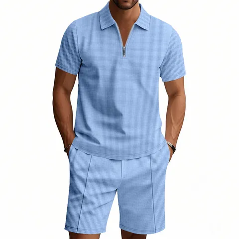 Men's Summer Waffle Knit Top And Bottom Set Casual Lapel Zipper Polo T-Shirt And Shorts Two Piece Sportswear For Everyday Lounge Beach